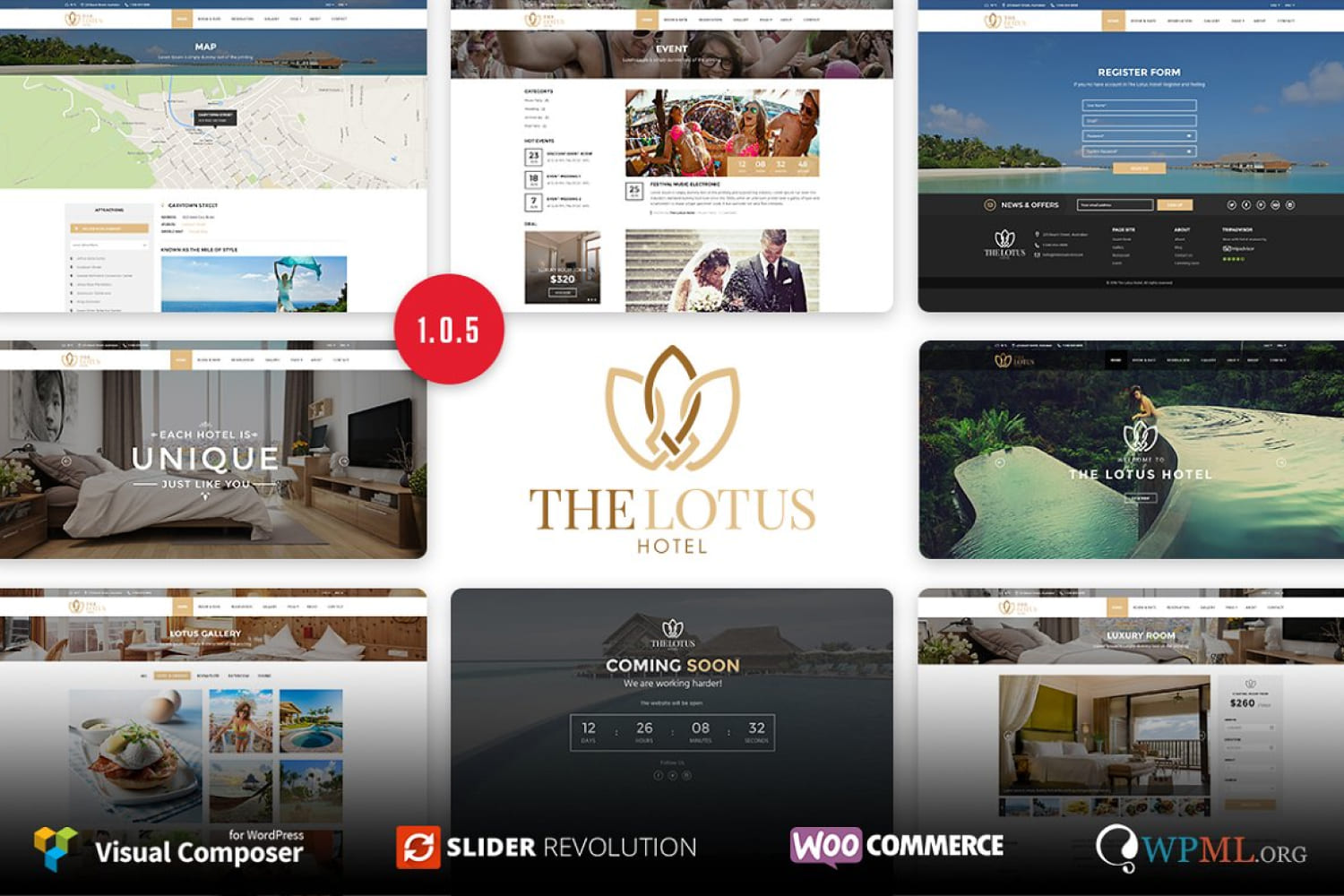 A collage of several design options for a hotel website with different blocks.