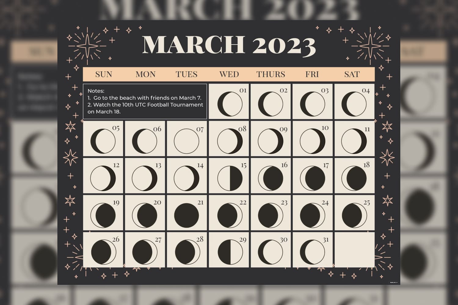 March calendar in black and gold colors with lunar cycles.