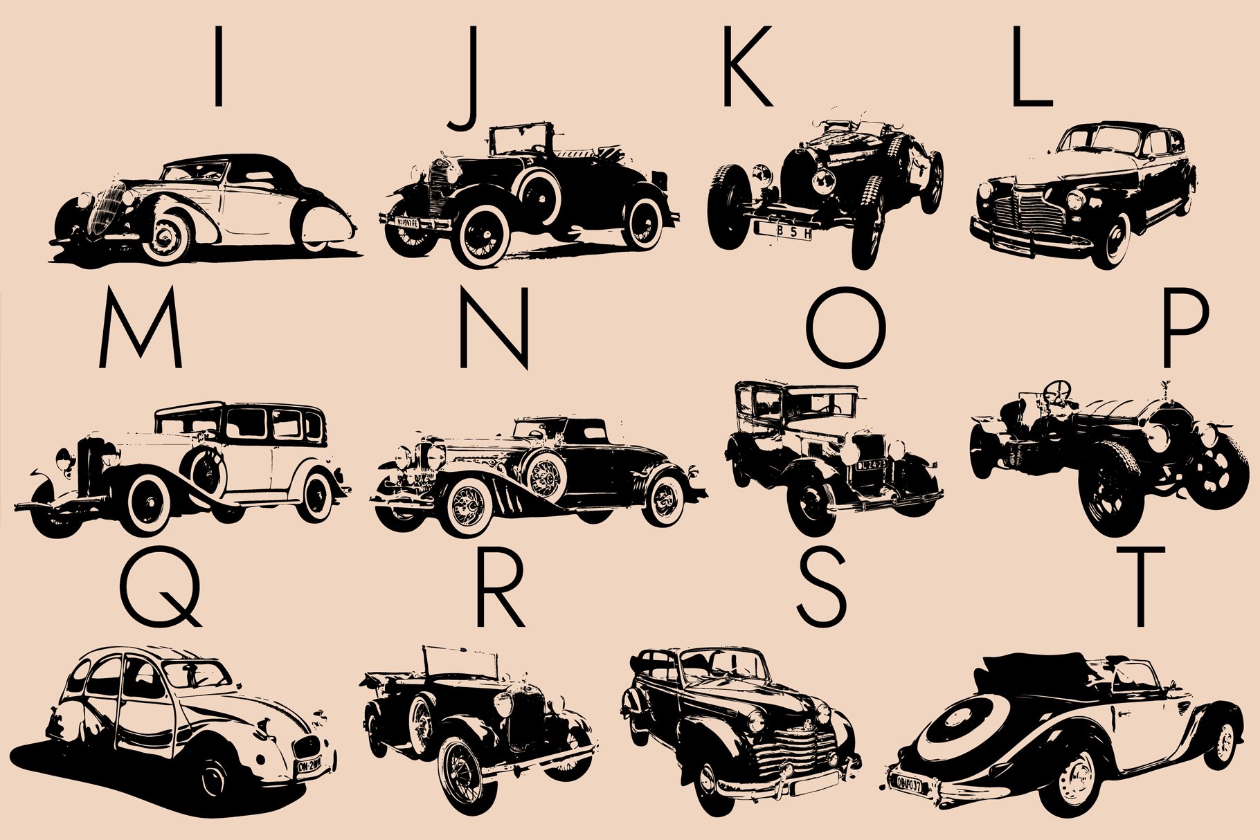 Vintage Cars Dingbats Font preview image.