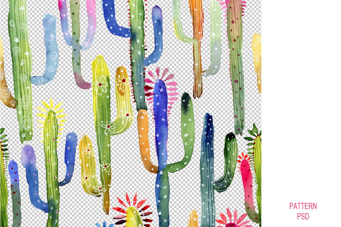 Watercolor cactus pattern on a transparent background.