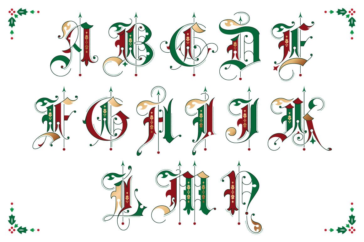 Christmas gothic ornamental alphabet preview image.