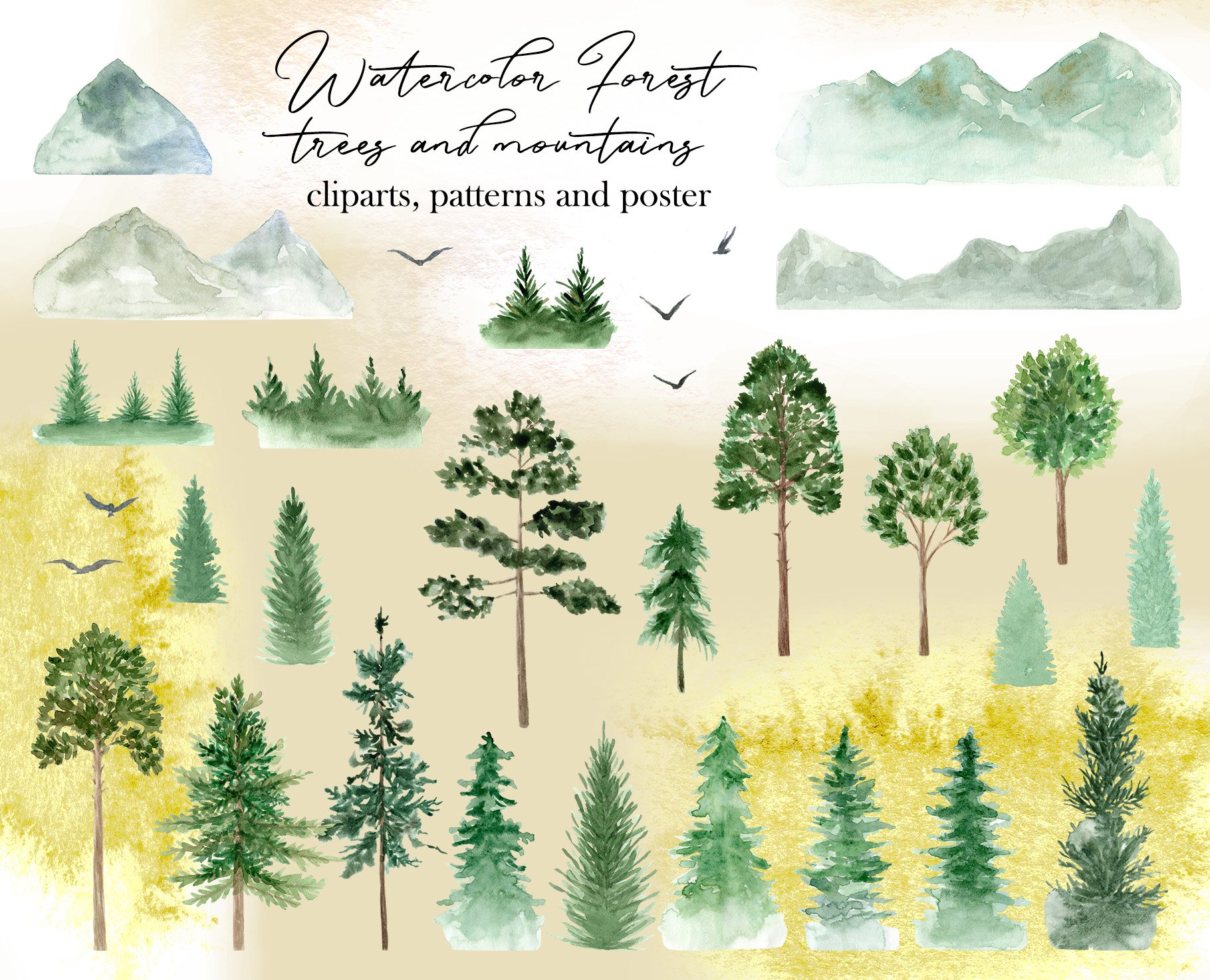 Watercolor Forest Mountains, Trees preview image.