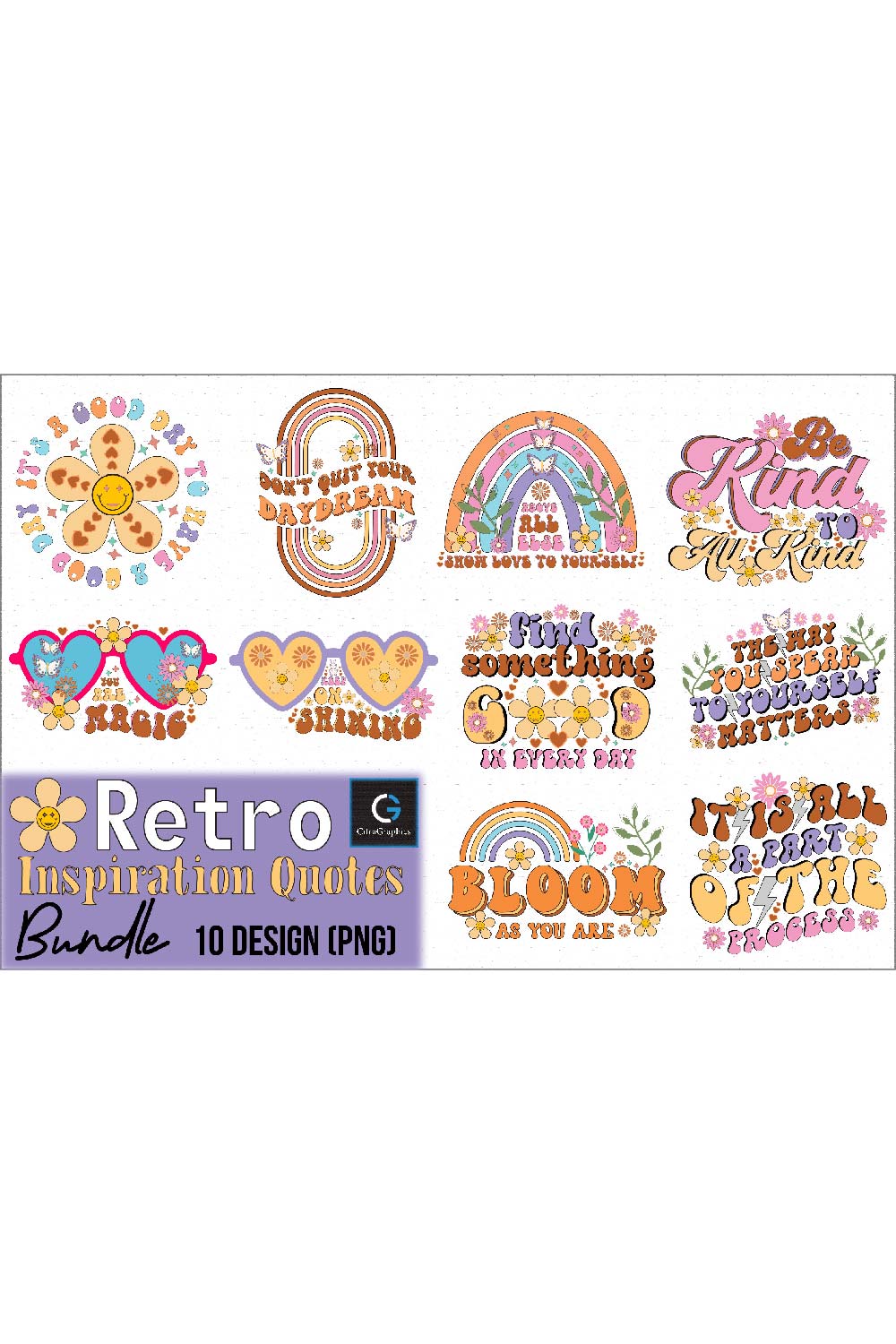 Retro Flower Quotes Sublimation Bundle pinterest preview image.