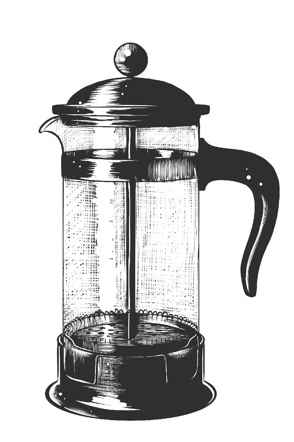A black and white drawing of a french press coffee maker.