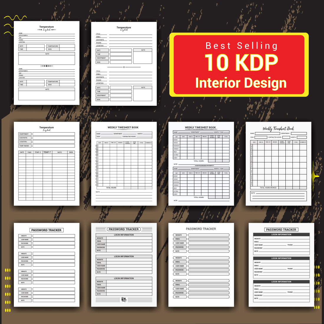 Weekly Timesheet, Temperature, Password, Log Book Journal KDP Interior Bundle preview image.