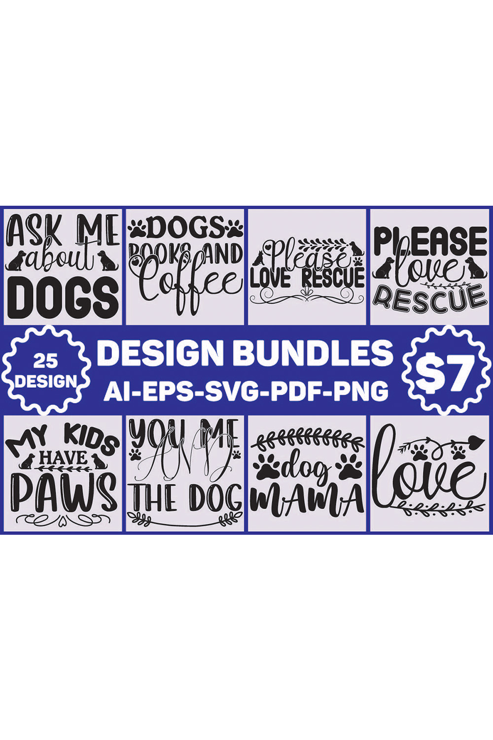 Blue and white sign that says design bundles $ 7 99.