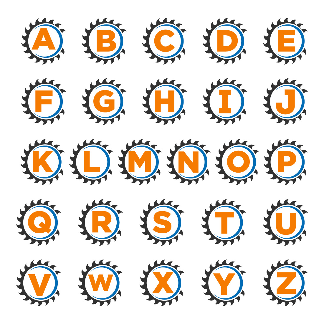 Initial A-Z monogram alphabet with the saw blade Carpentry, woodworking logo design Font emblem preview image.