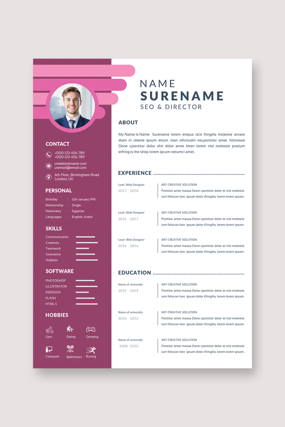 Professional resume template with a pink background.