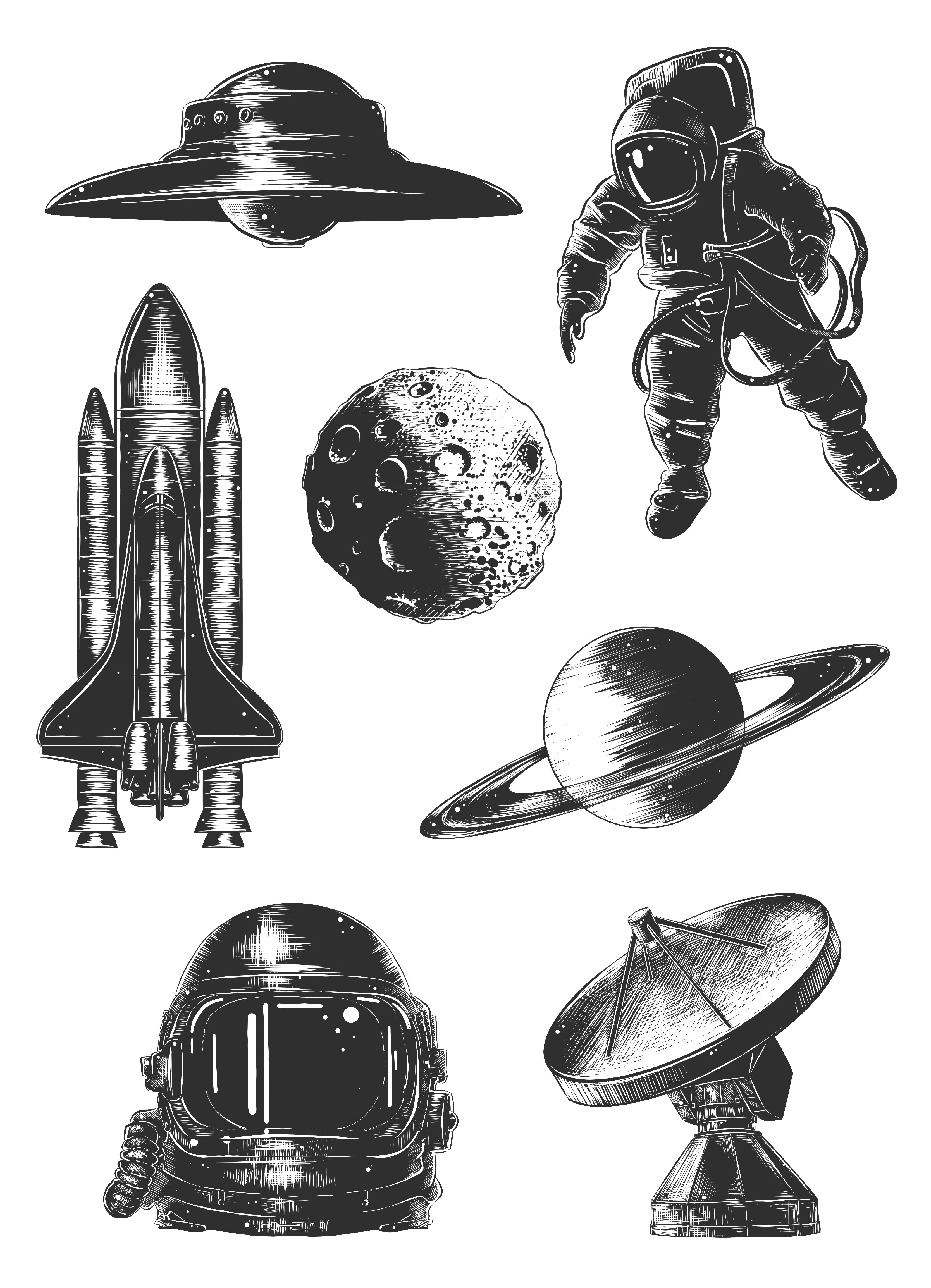 Bunch of different types of objects in black and white.