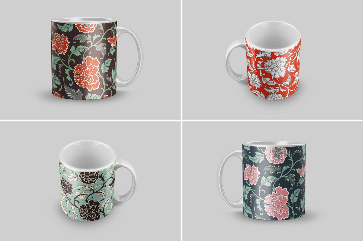 Four coffee mugs with different designs on them.