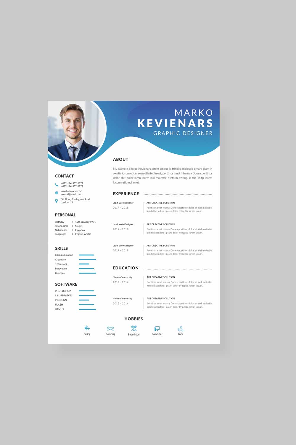 Professional resume template with a blue wave.