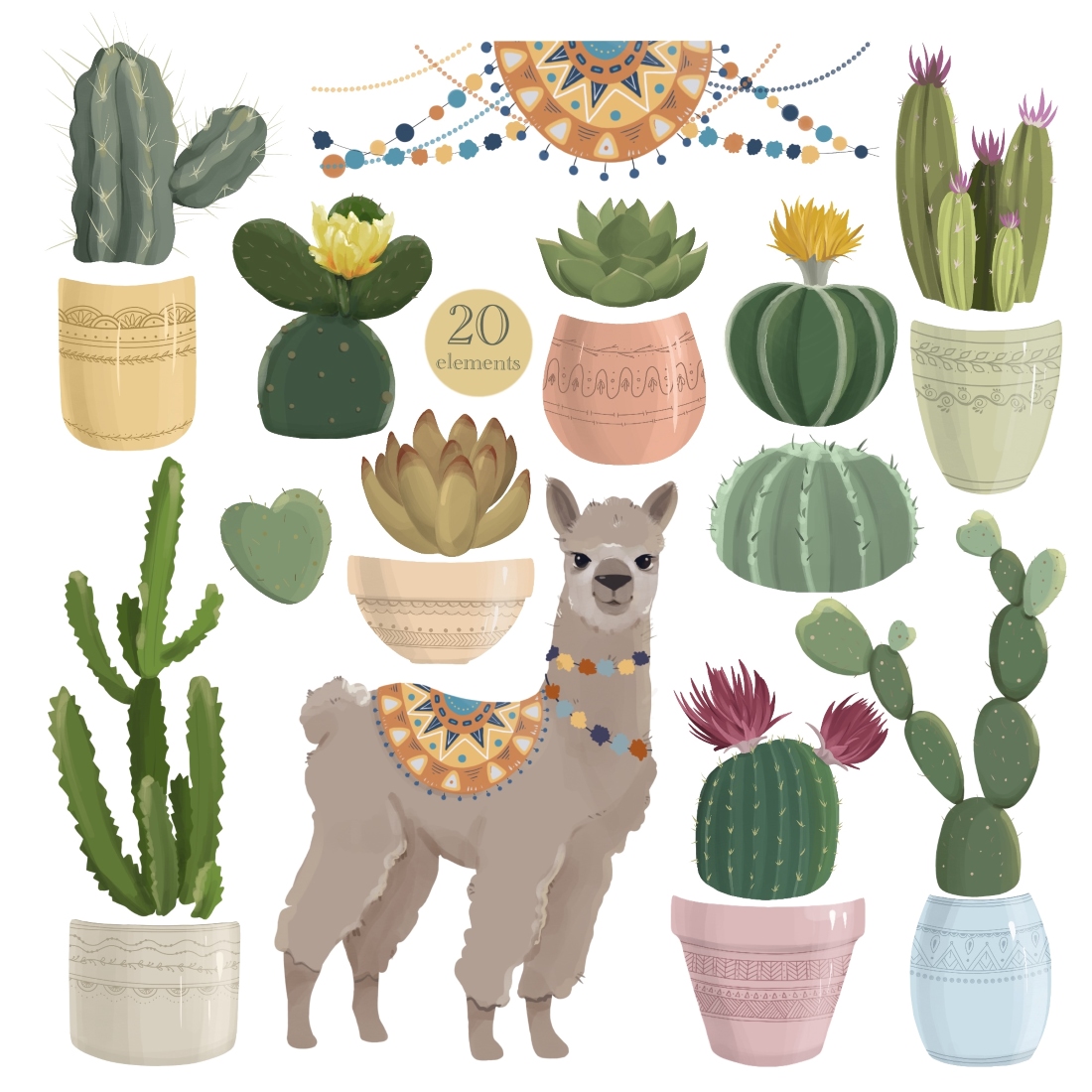Cacti And Lama Clipart preview image.
