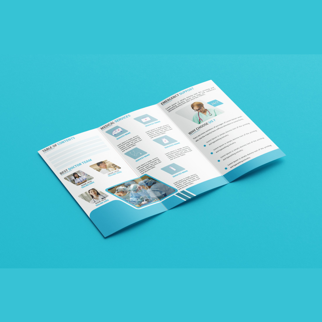 Medical Hospital Tri-fold Brochure Template preview image.