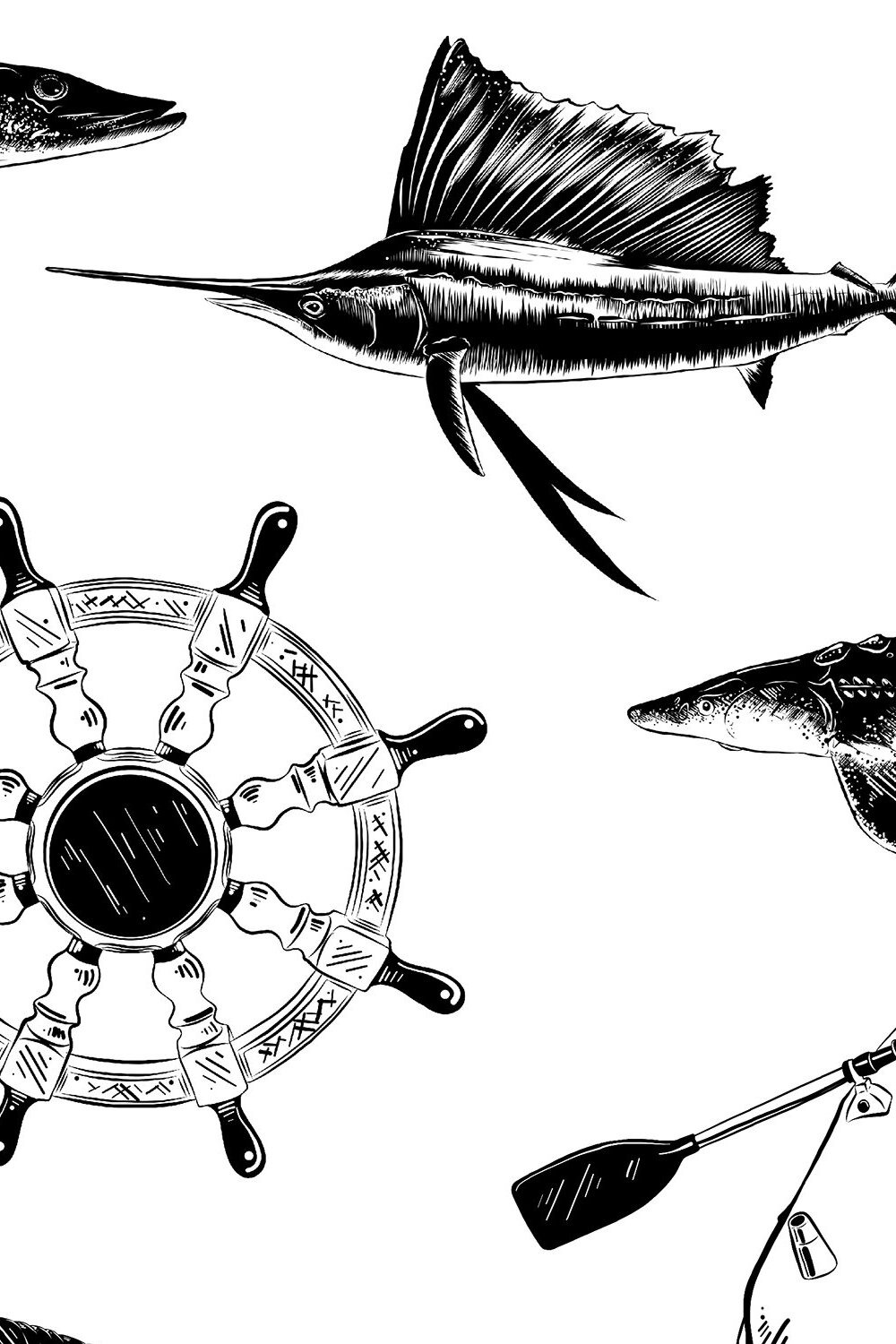 Black and white drawing of fish and paddles.