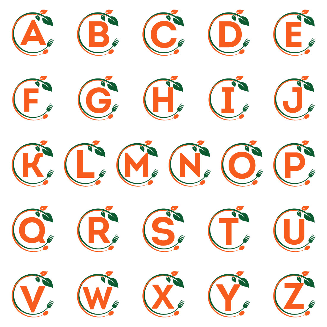 Initial A-Z monogram alphabet with a fork, spoon, and leaf Healthy natural food logo Logo for cafe preview image.