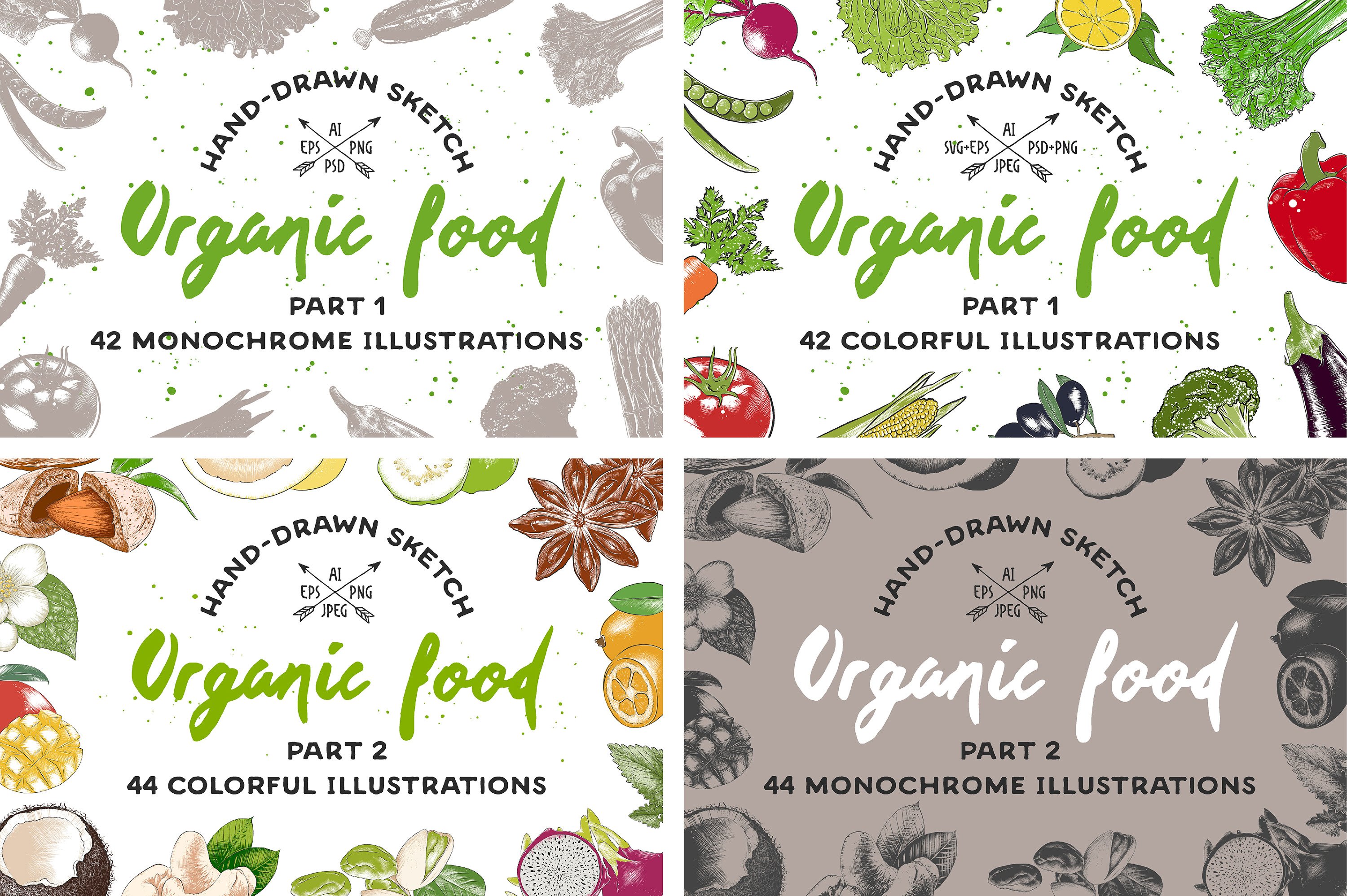 Set of four different illustrations of organic food.