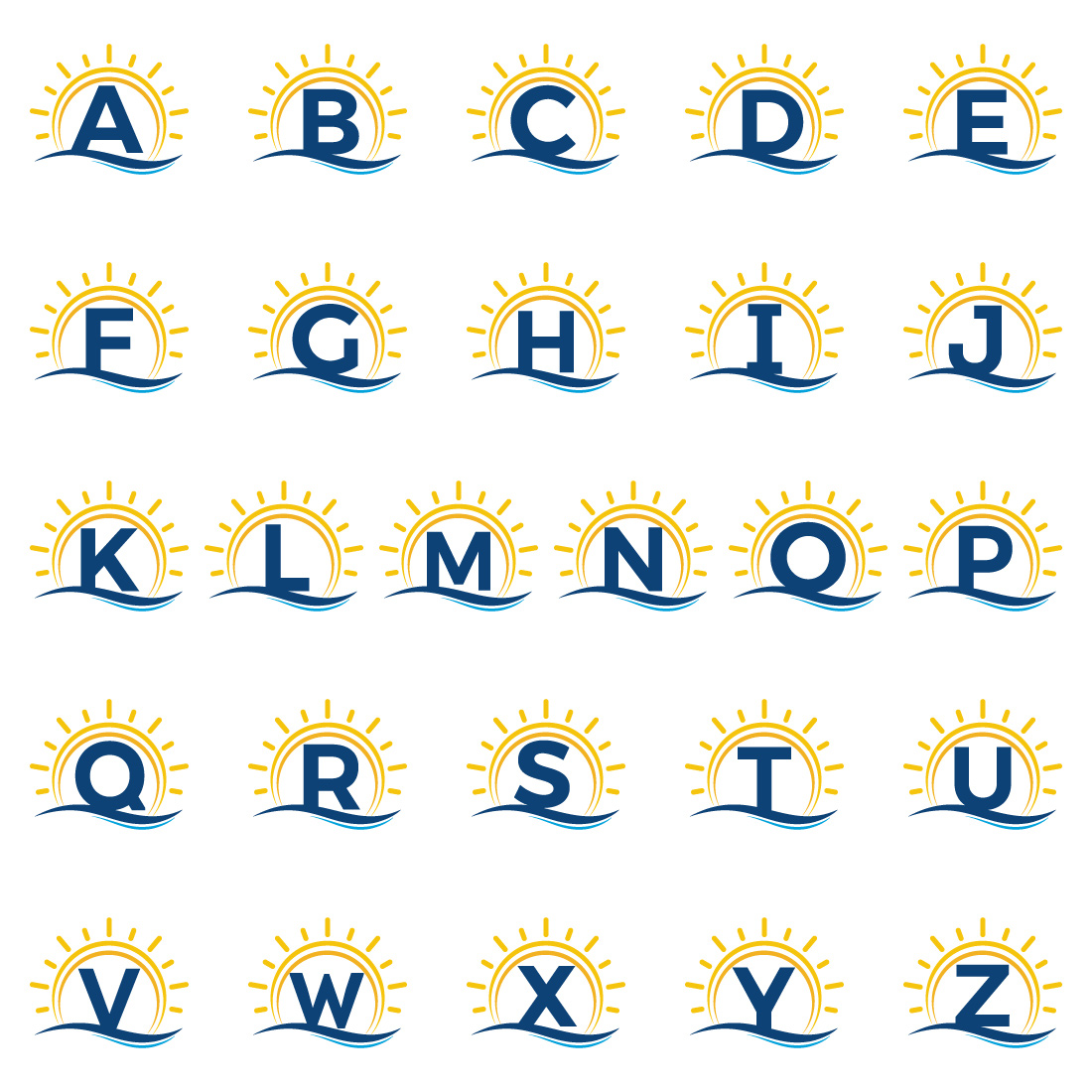 Initial A-Z monogram alphabet with abstract sun and wave Ocean sun logo design Font emblem preview image.