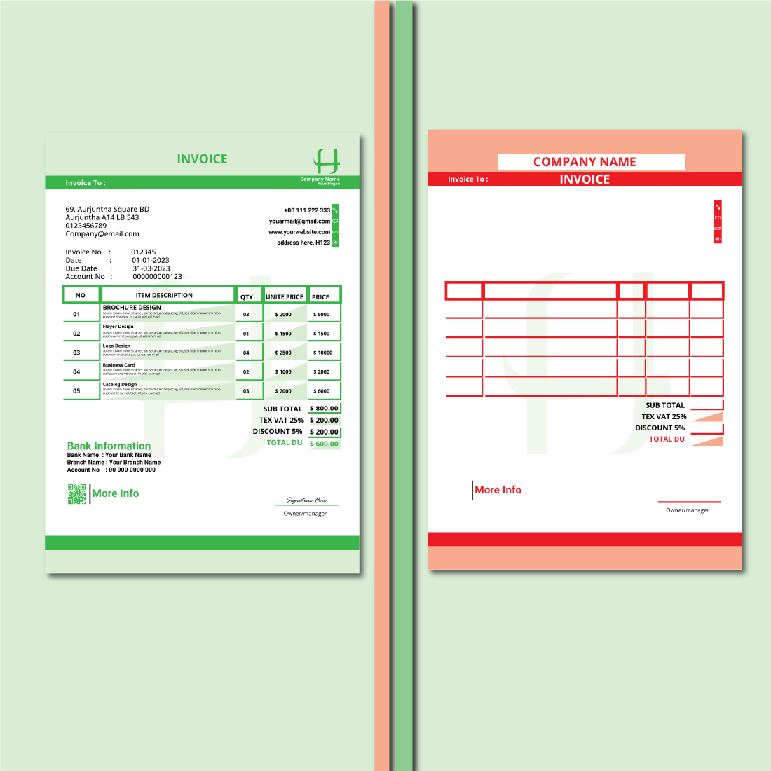 6 INVOICE TEMPLATES & 12 COLORS preview image.