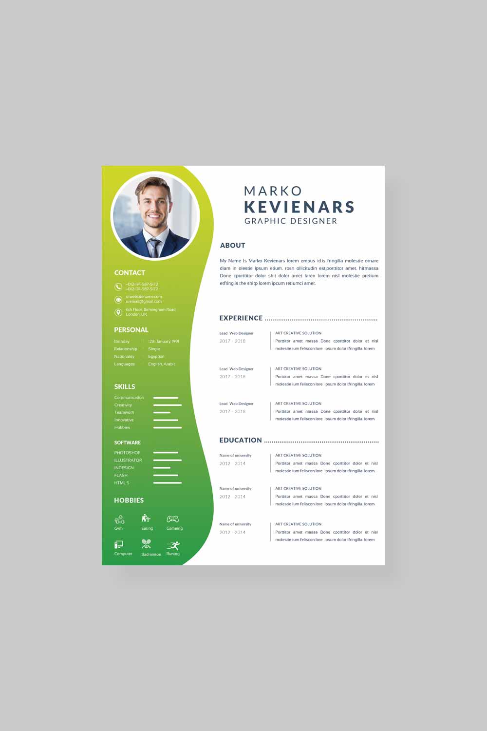 Green and white resume template.