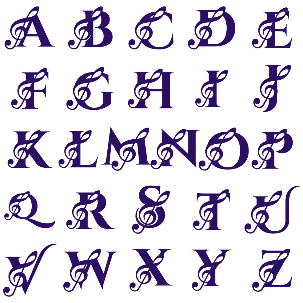 Initial A-Z monogram alphabet with a musical note. Symphony or melody ...