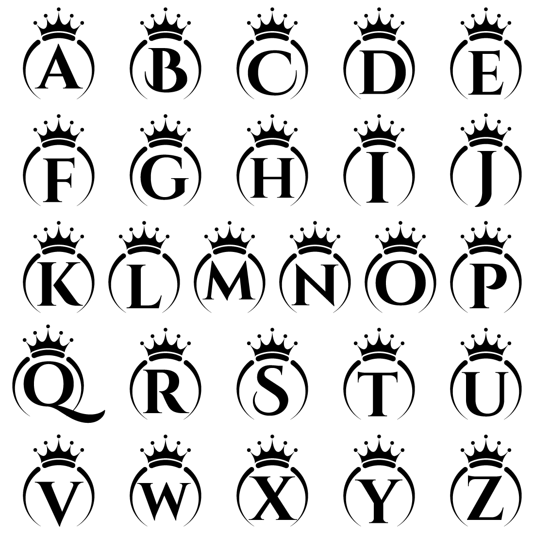 Initial A-Z monogram alphabet with a crown Royal, King, queen luxury symbol Font emblem preview image.