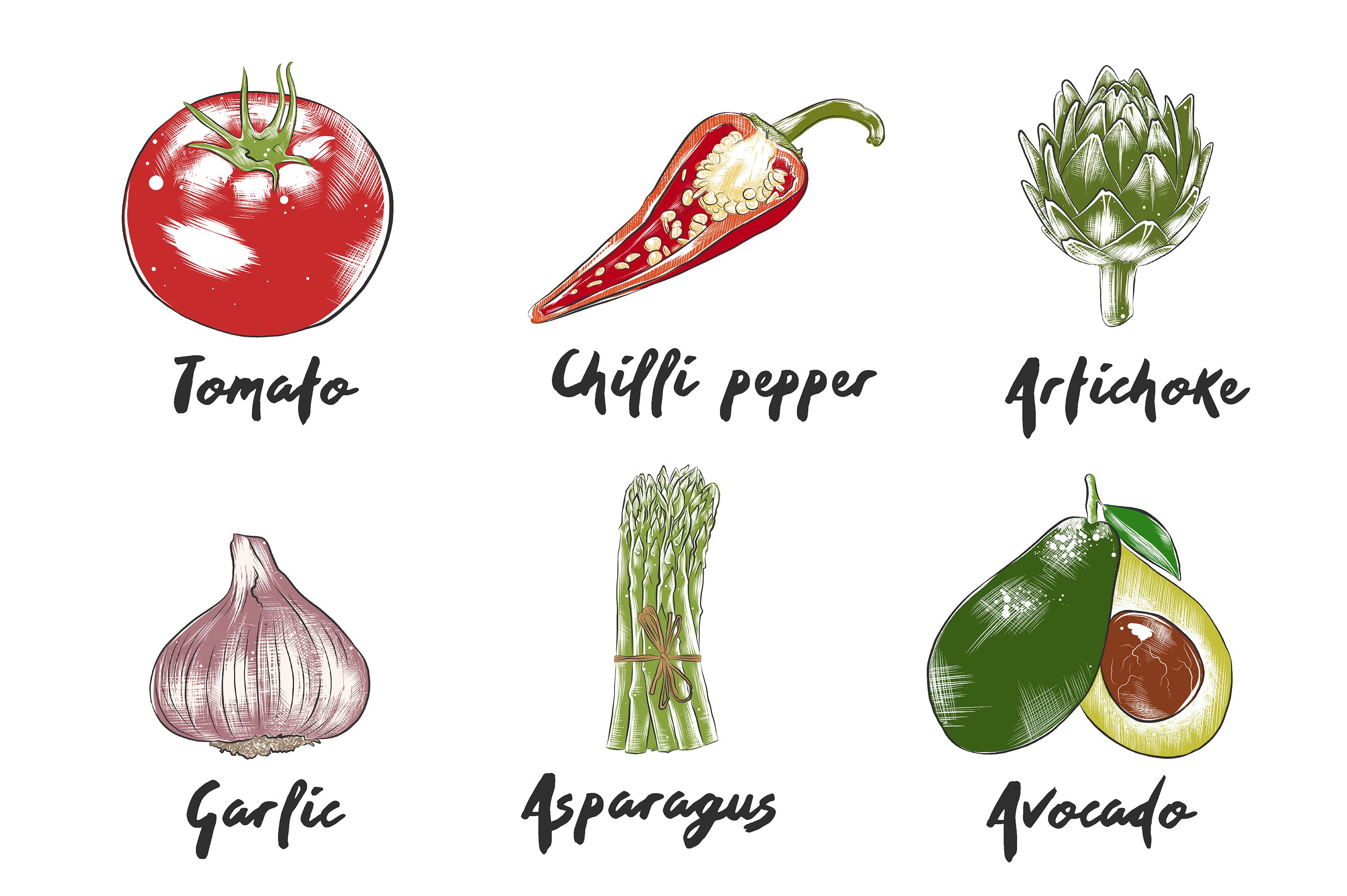 A picture of different types of vegetables.