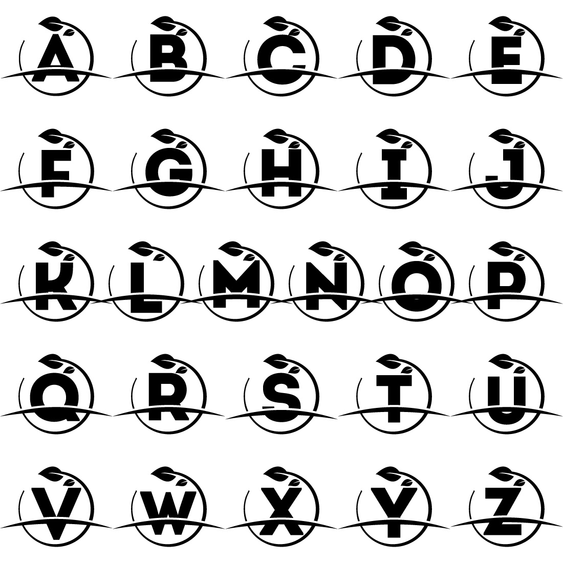 Initial A-Z monogram alphabet with circle leaf and swoosh Eco-friendly logo concept Font emblem preview image.