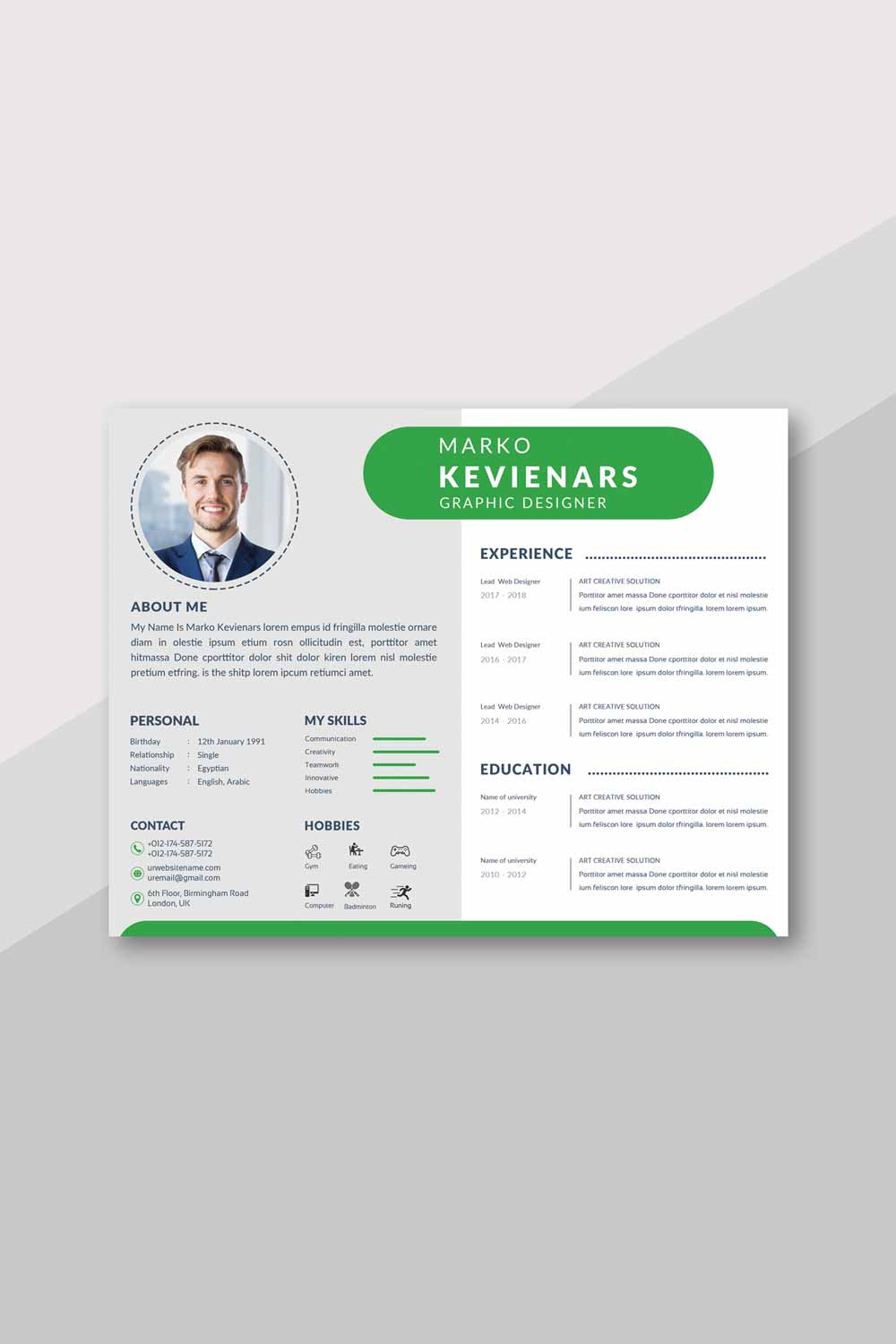 Green and white resume template.