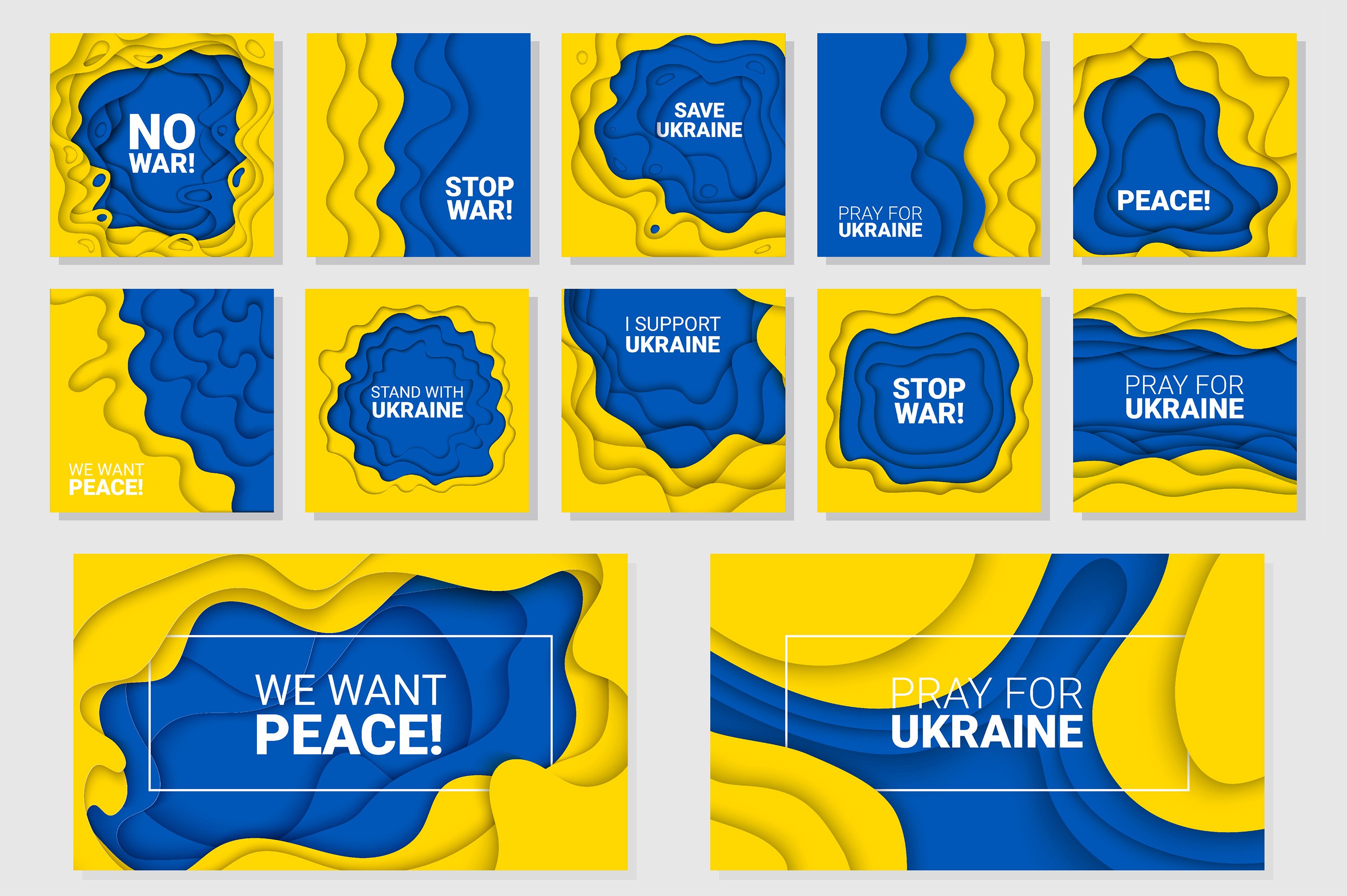 Set of blue and yellow banners with the words we want peace.