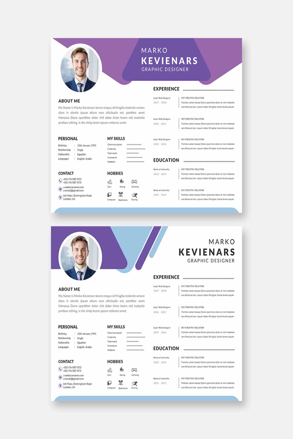 Professional resume template with a blue and purple color scheme.