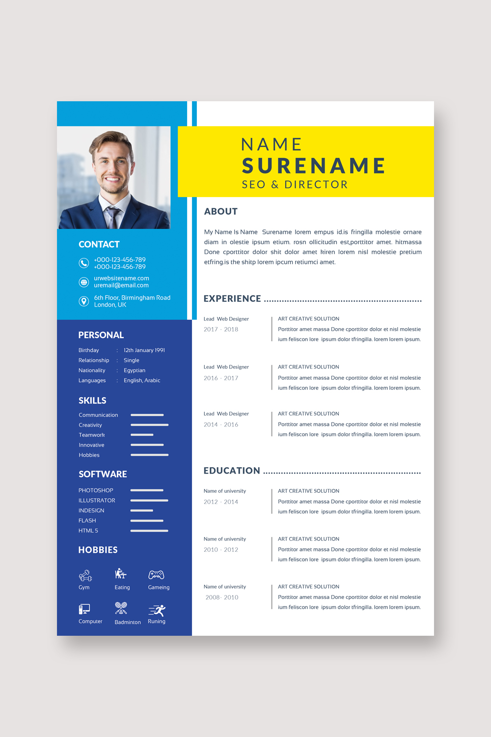 Blue and yellow resume template.