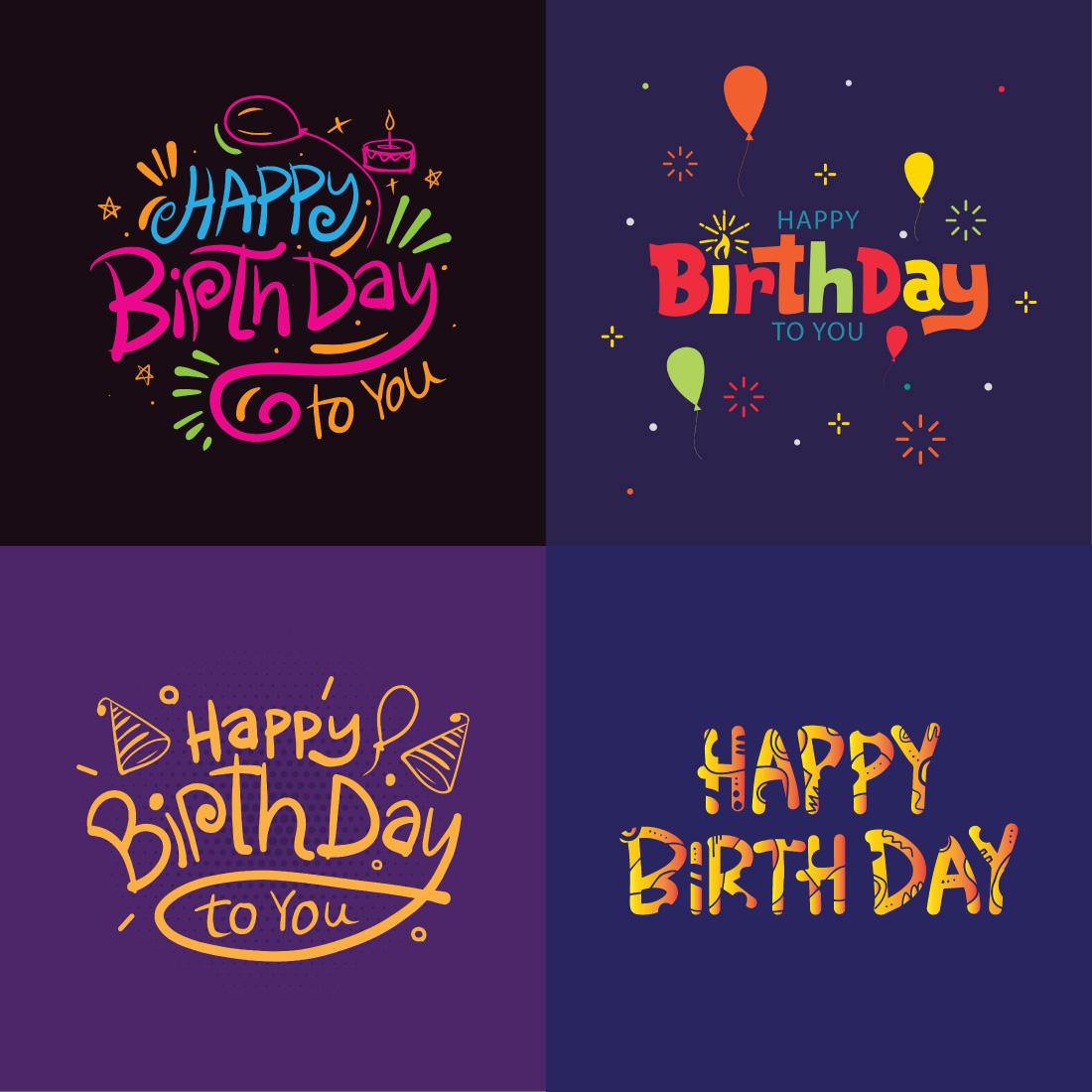 Happy Birthday Lettering greeting card vector illustration preview image.