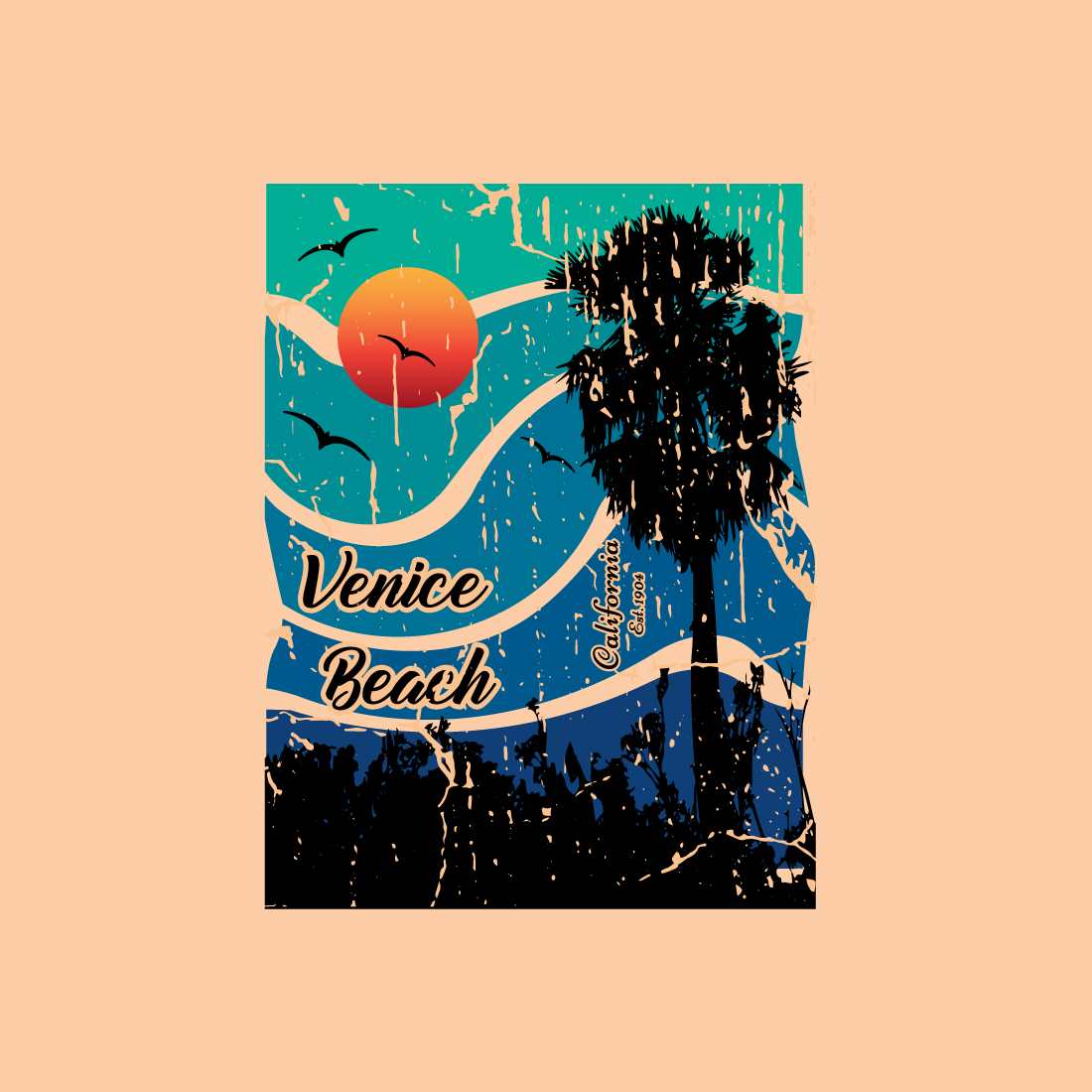Venice beach, California, surfing boat, palm tree shirt design, print design, summer fashion grunge effect, preview image.