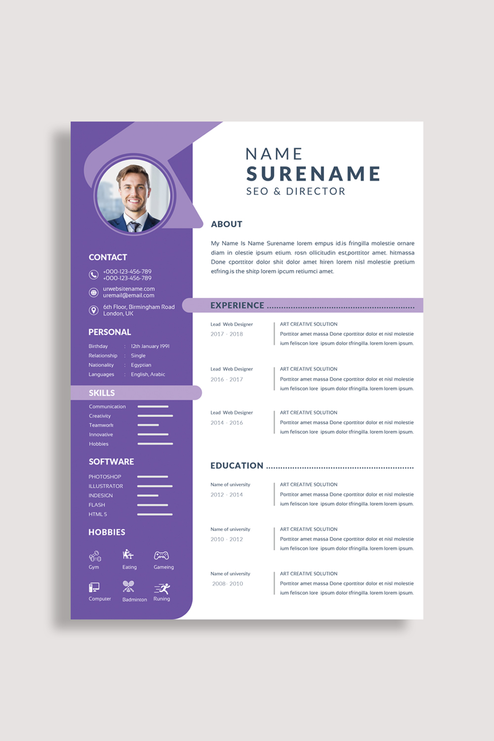 Professional resume template with a purple background.