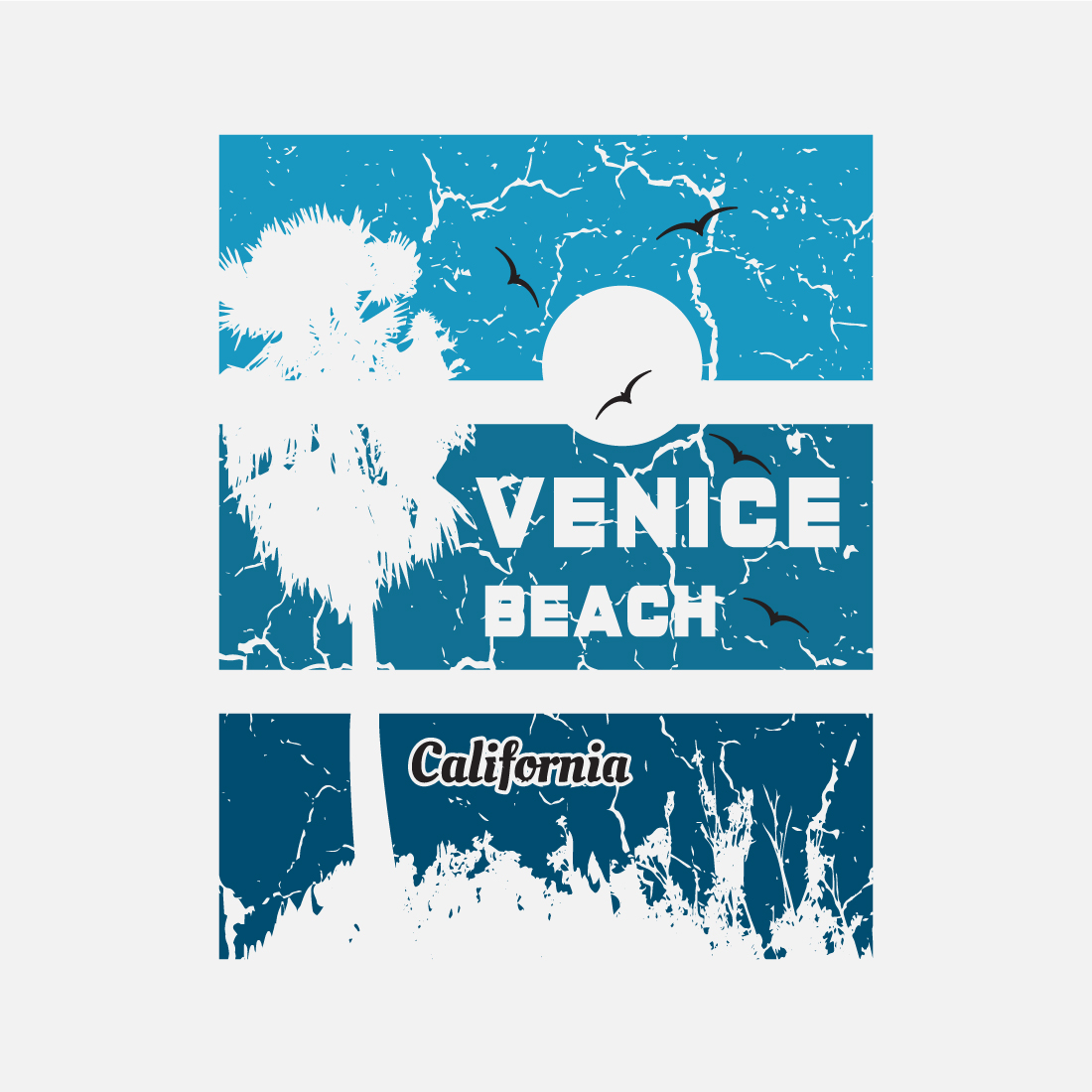 Venice beach, California Vintage Grunge Effect surfing boat, palm tree shirt design, print design, summer fashion preview image.