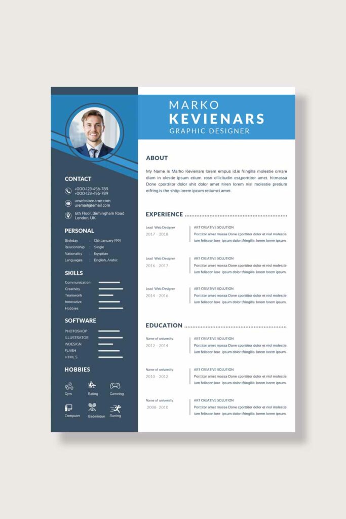 Resume Layout with Sidebar and Blue Elements - MasterBundles