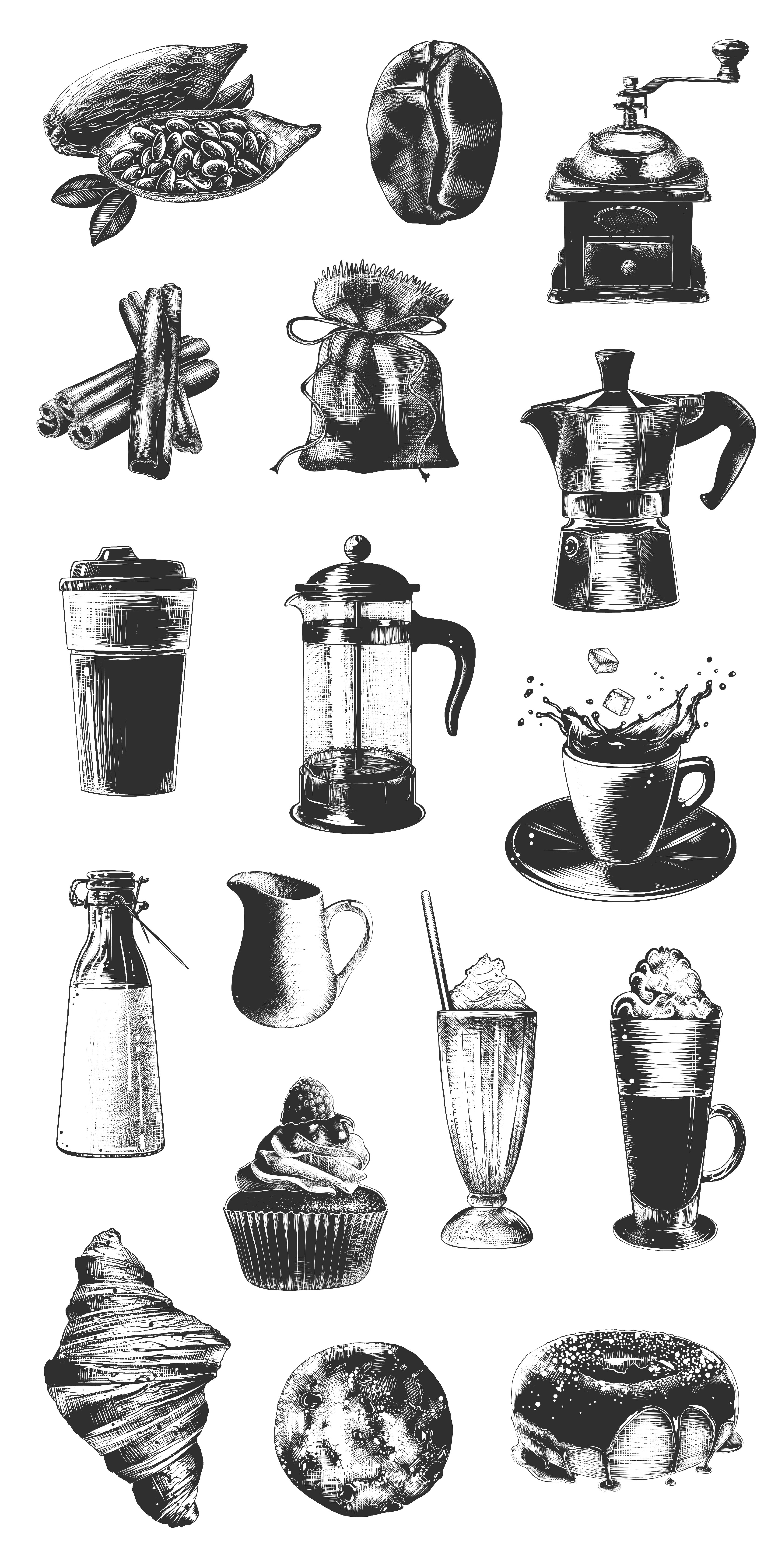 A black and white drawing of different types of food.