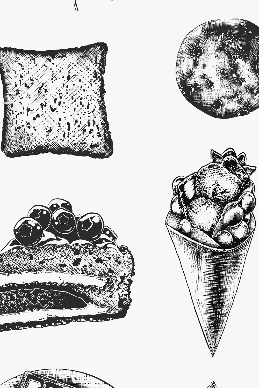 A black and white drawing of different desserts.