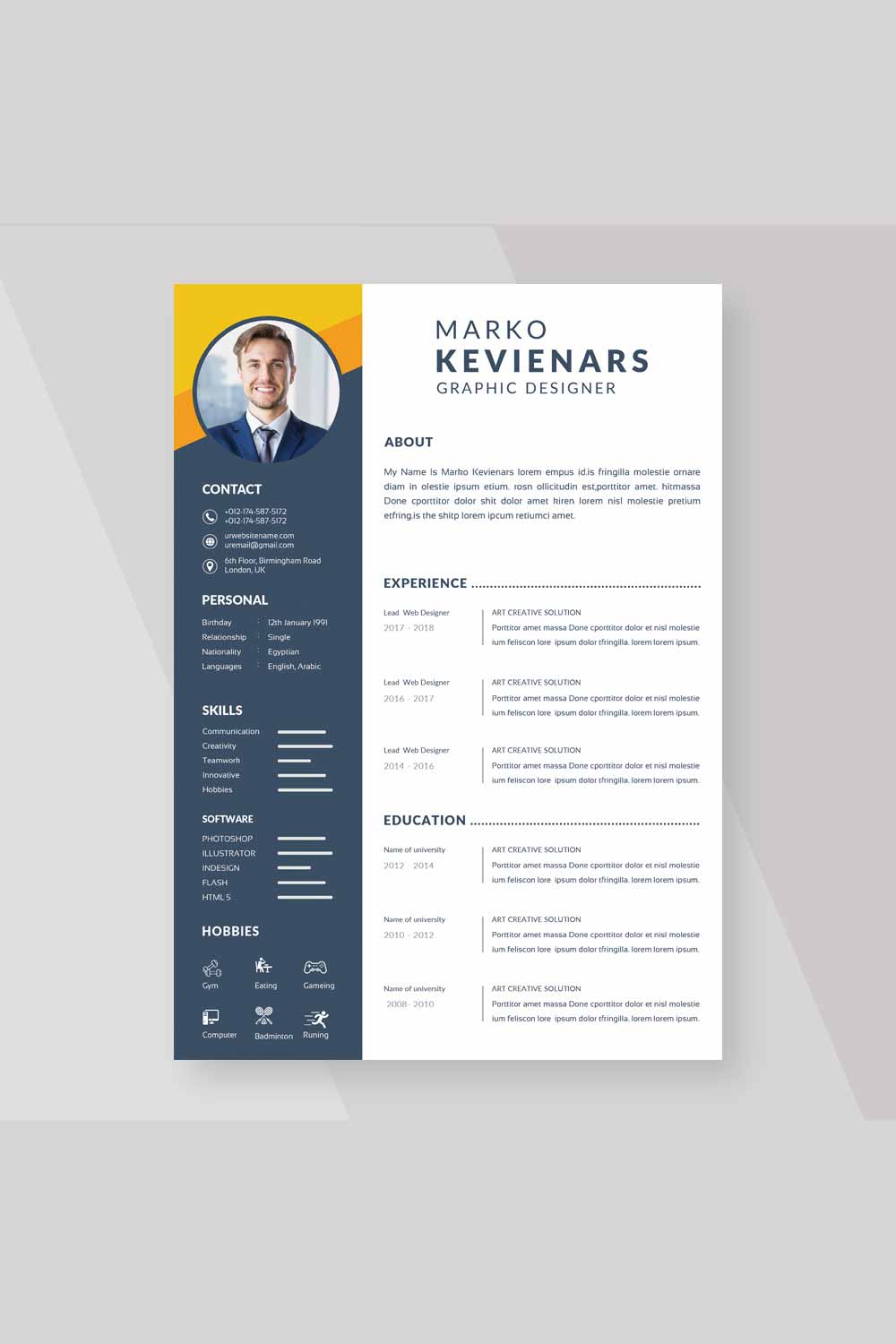 Professional resume template with a blue and yellow cover.