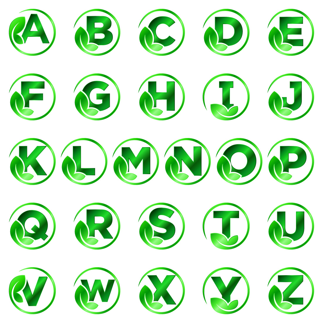 Initial A-Z monogram alphabet with leaf Eco-friendly logo concept Font emblem preview image.