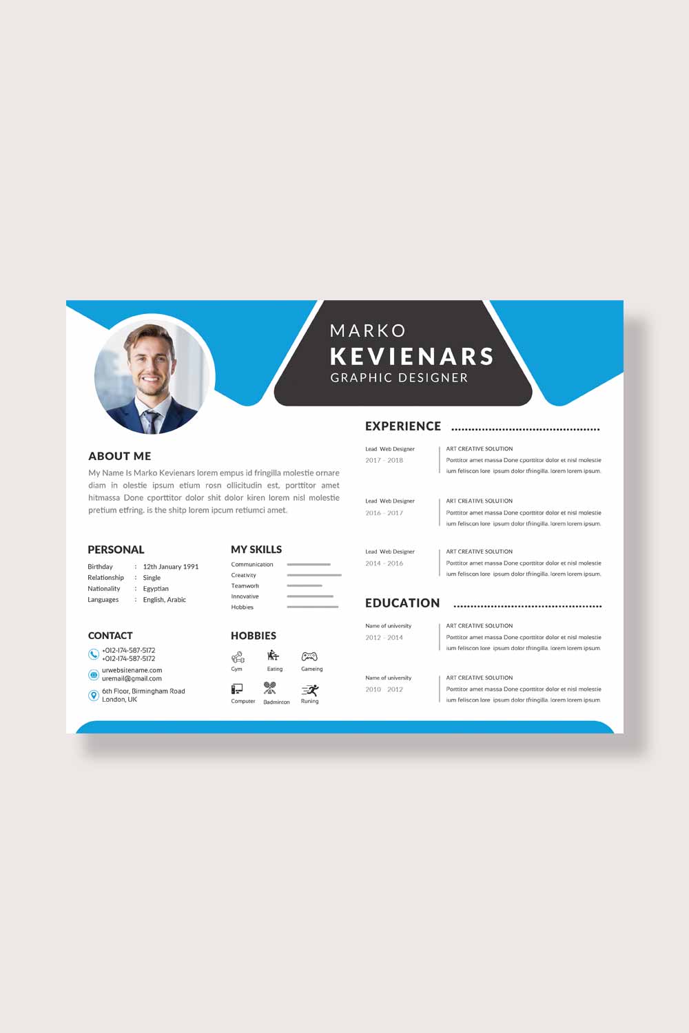 Professional resume template with a blue background.