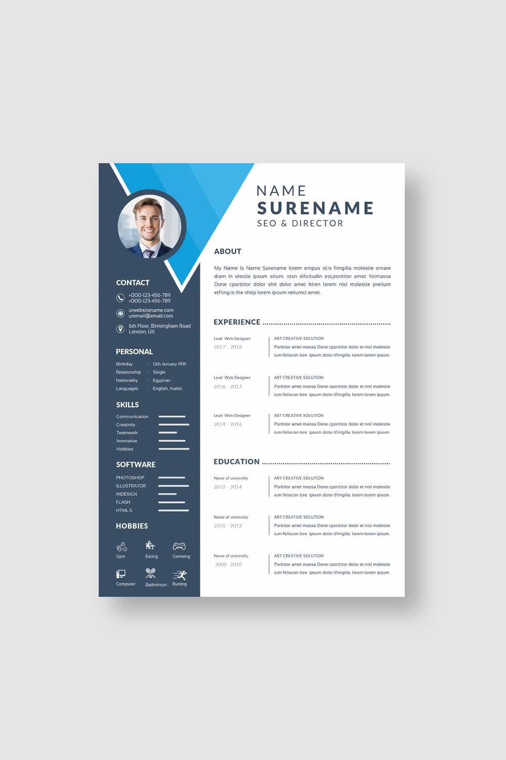 Professional resume template with a blue background.