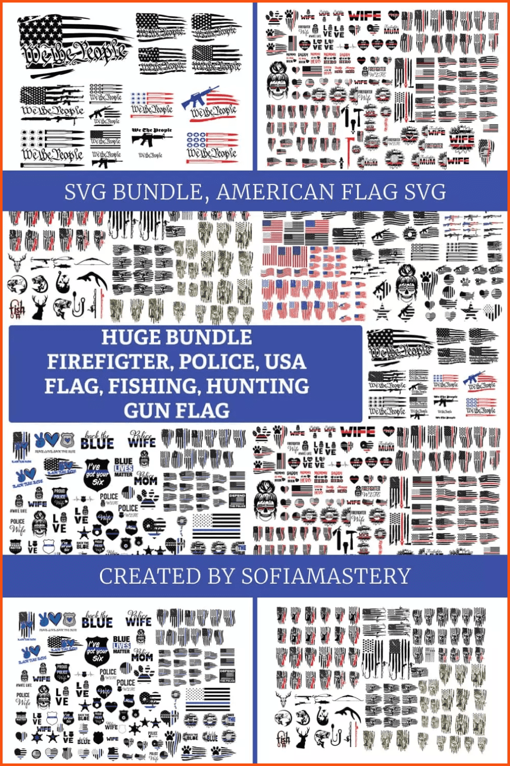 Collage of sticker images of american flag variations.