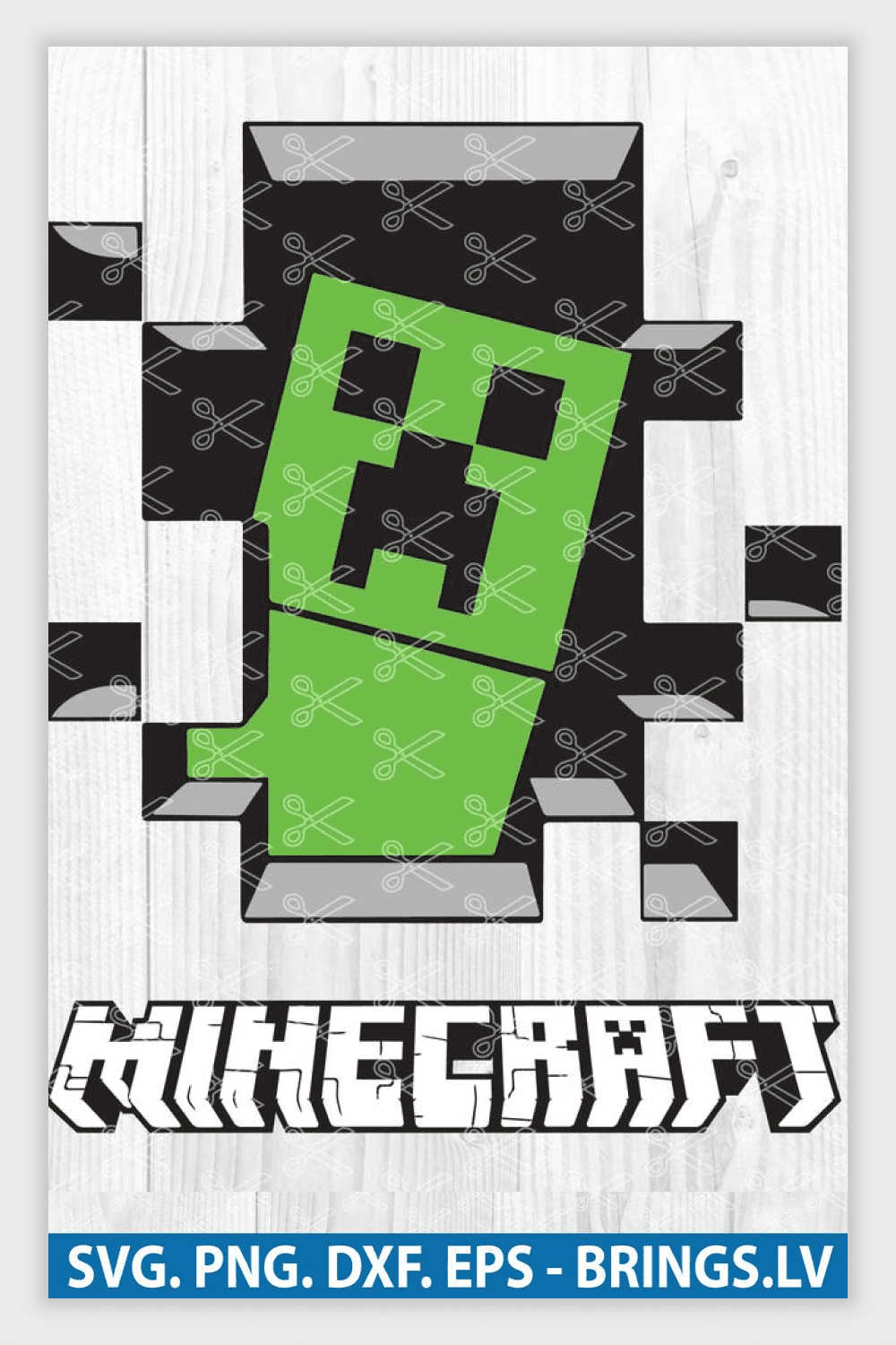 Green Minecraft logo in white wall.