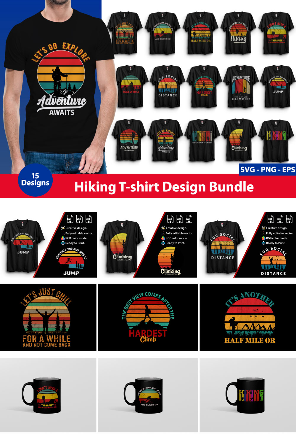 Hiking T-shirt Design Bundle 15 Design pinterest preview image.