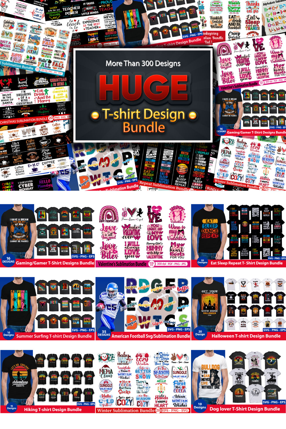 Huge T-shirt Design Bundle More than 300 Designs pinterest preview image.