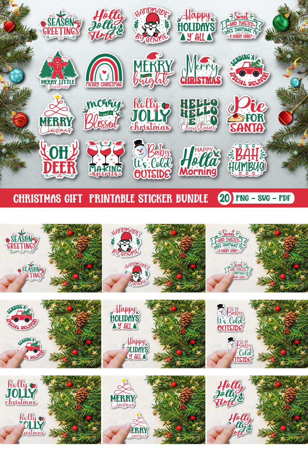 Christmas Printable Stickers Bundle 20 Designs pinterest preview image.