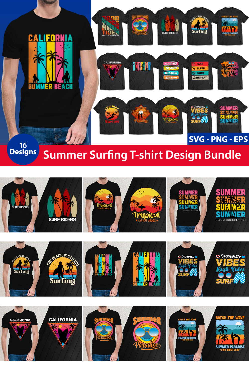 Summer Surfing T-shirt Design Bundle 16 Designs pinterest preview image.
