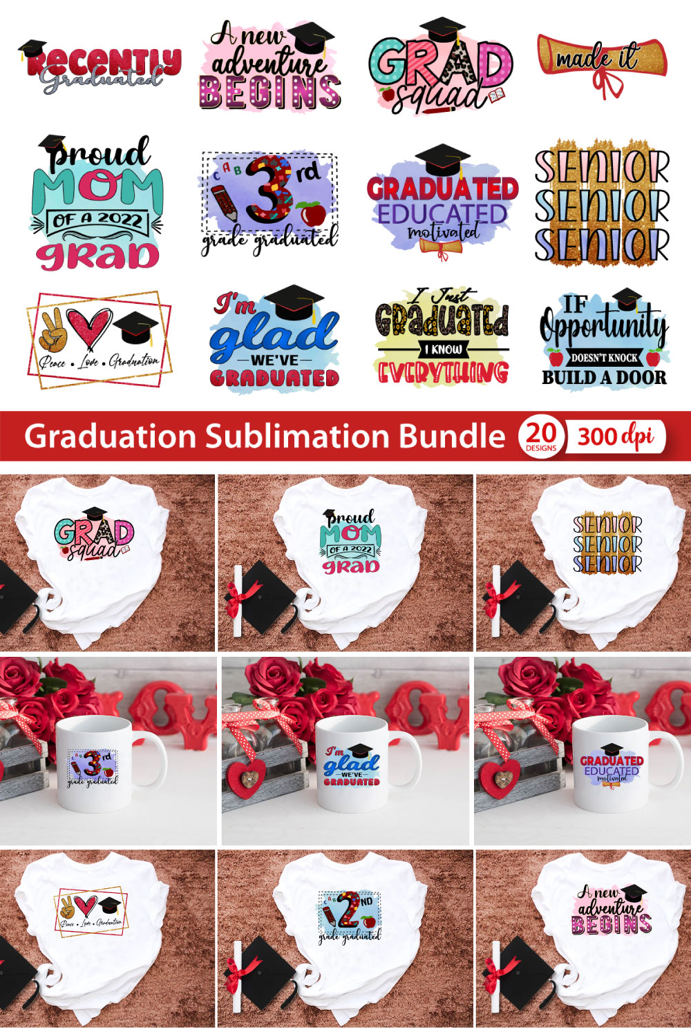 Graduation Sublimation Bundle 20 PNG pinterest preview image.