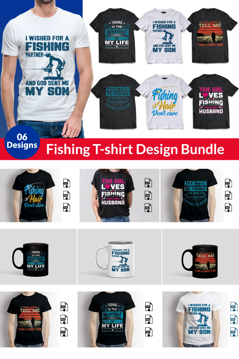 Fishing T-shirt Design Bundle 06 Design pinterest preview image.